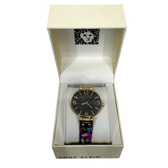 Anne Klein Black Dark Floral Leather Watch Gold Colored Hardware New Nwt Nib